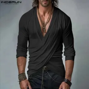 2024 männer Gut Sitzende Tops INCERUN Casual Einfarbig Dekonstruktion T-shirt Gestrickte Kreuz Kragen Sexy Elegante Mode Camiseta