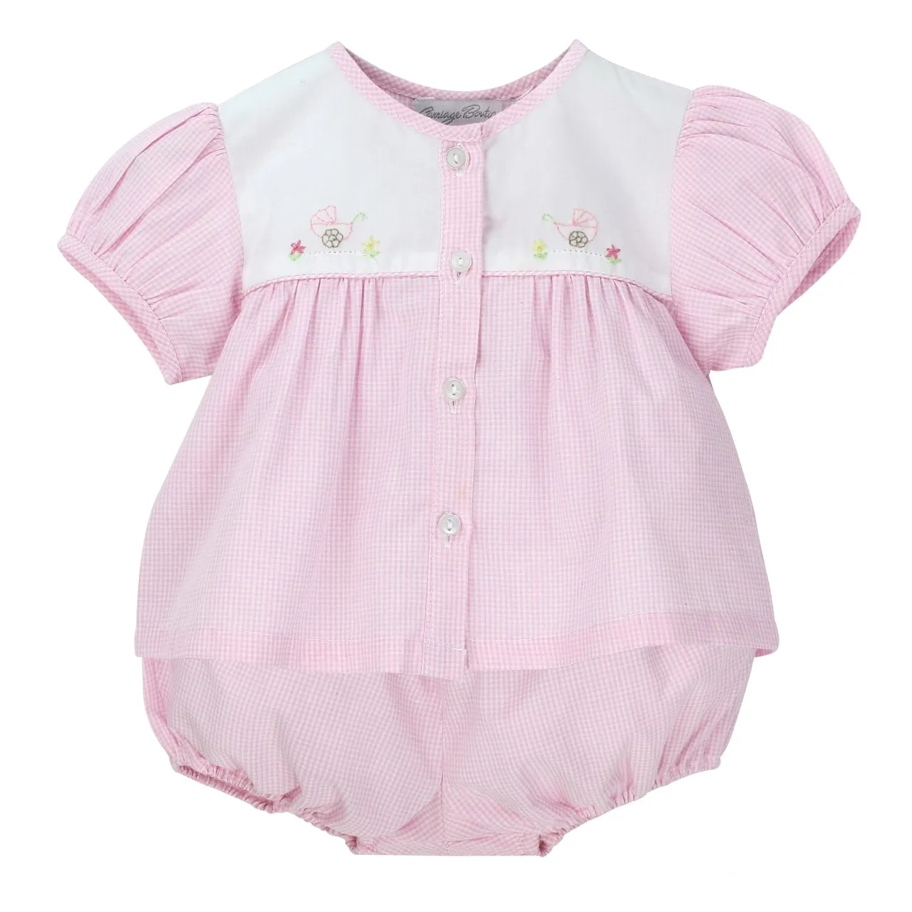 93103-Hand Embroidered Baby Girl Bubble Romper - Pink Gingham