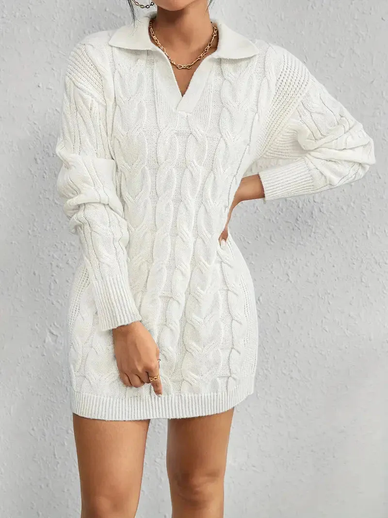 Amozae-nye outfits back to school dress  Collar Neck Cable Knit Sweater Dress