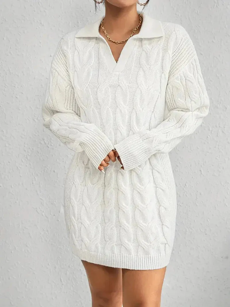 Amozae-nye outfits back to school dress  Collar Neck Cable Knit Sweater Dress