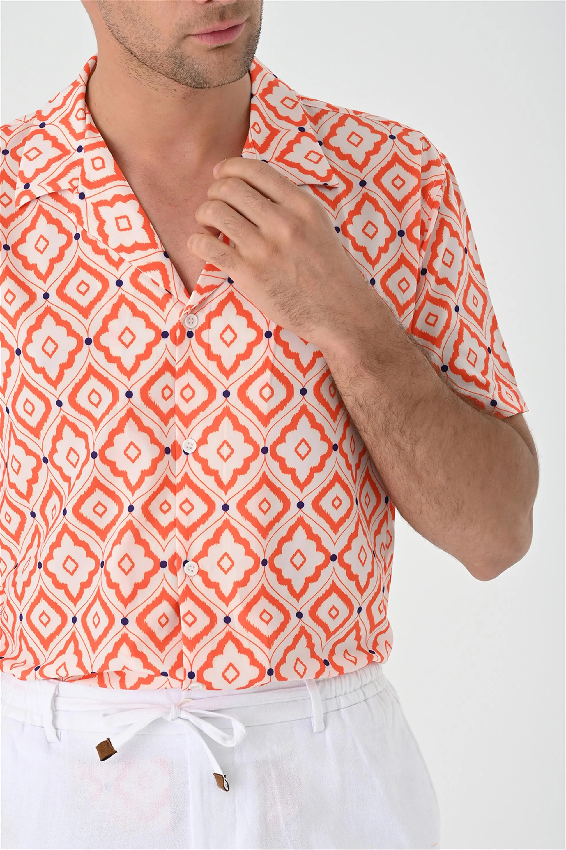 ANT Ethnic Patterned Short Sleeve Men's Shirt with Applique Collar - Ágioi Anárgyroi