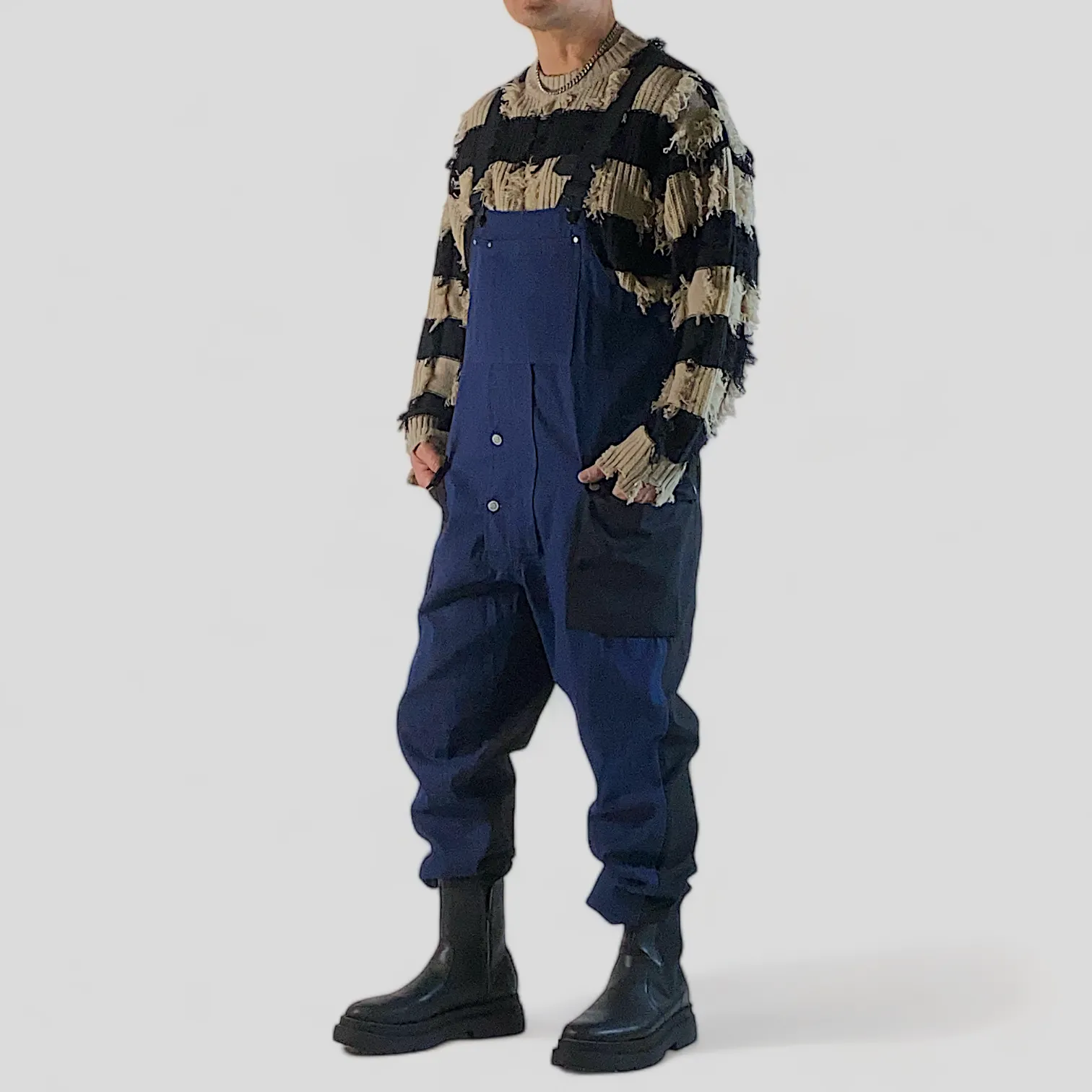 Baggy denim overalls with color block pockets