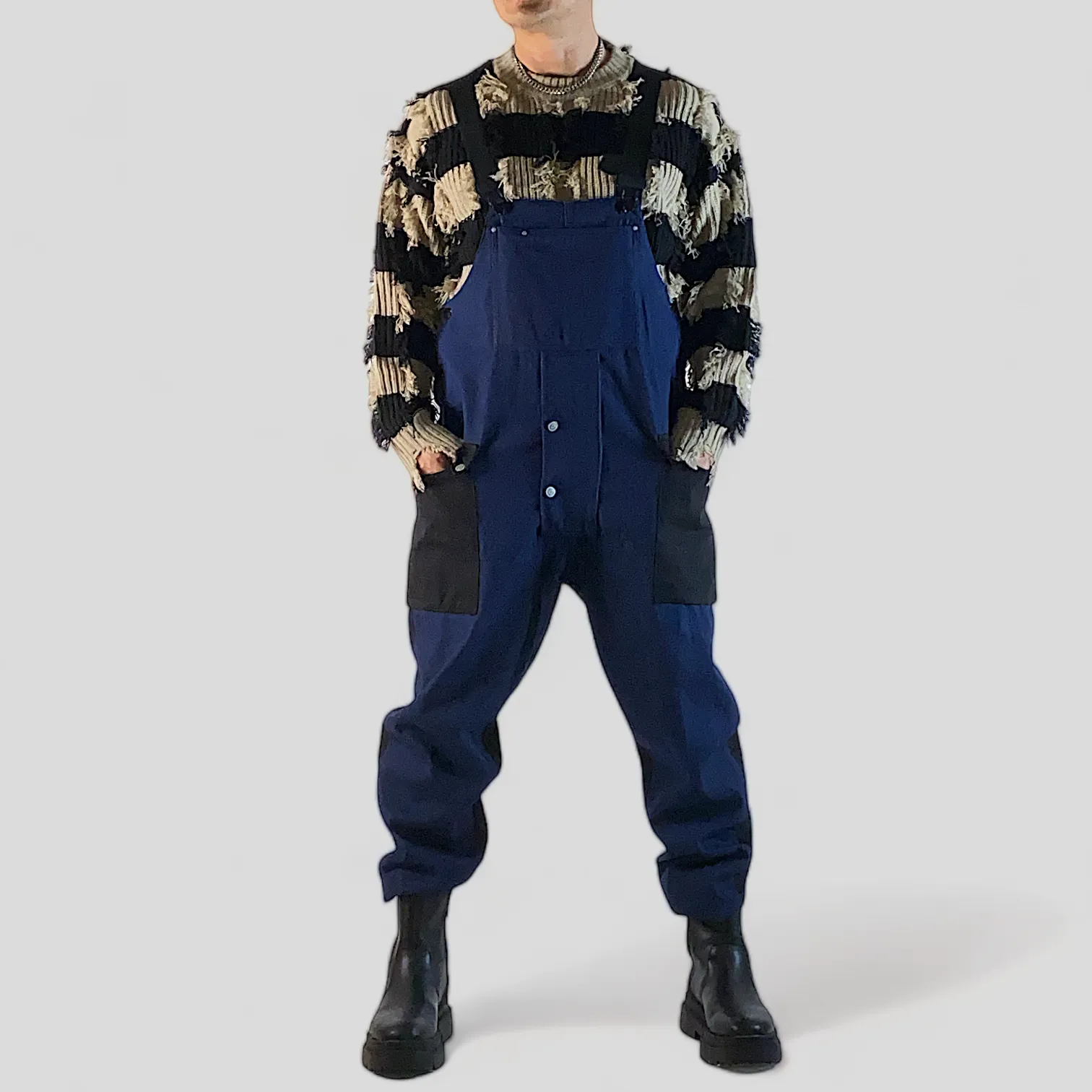 Baggy denim overalls with color block pockets