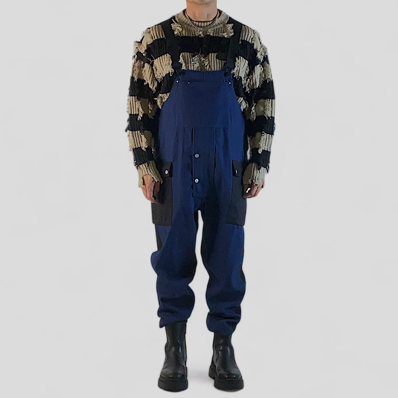Baggy denim overalls with color block pockets