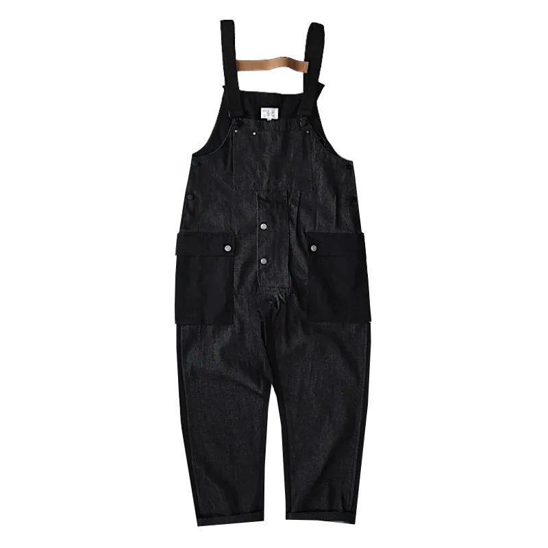 Baggy denim overalls with color block pockets