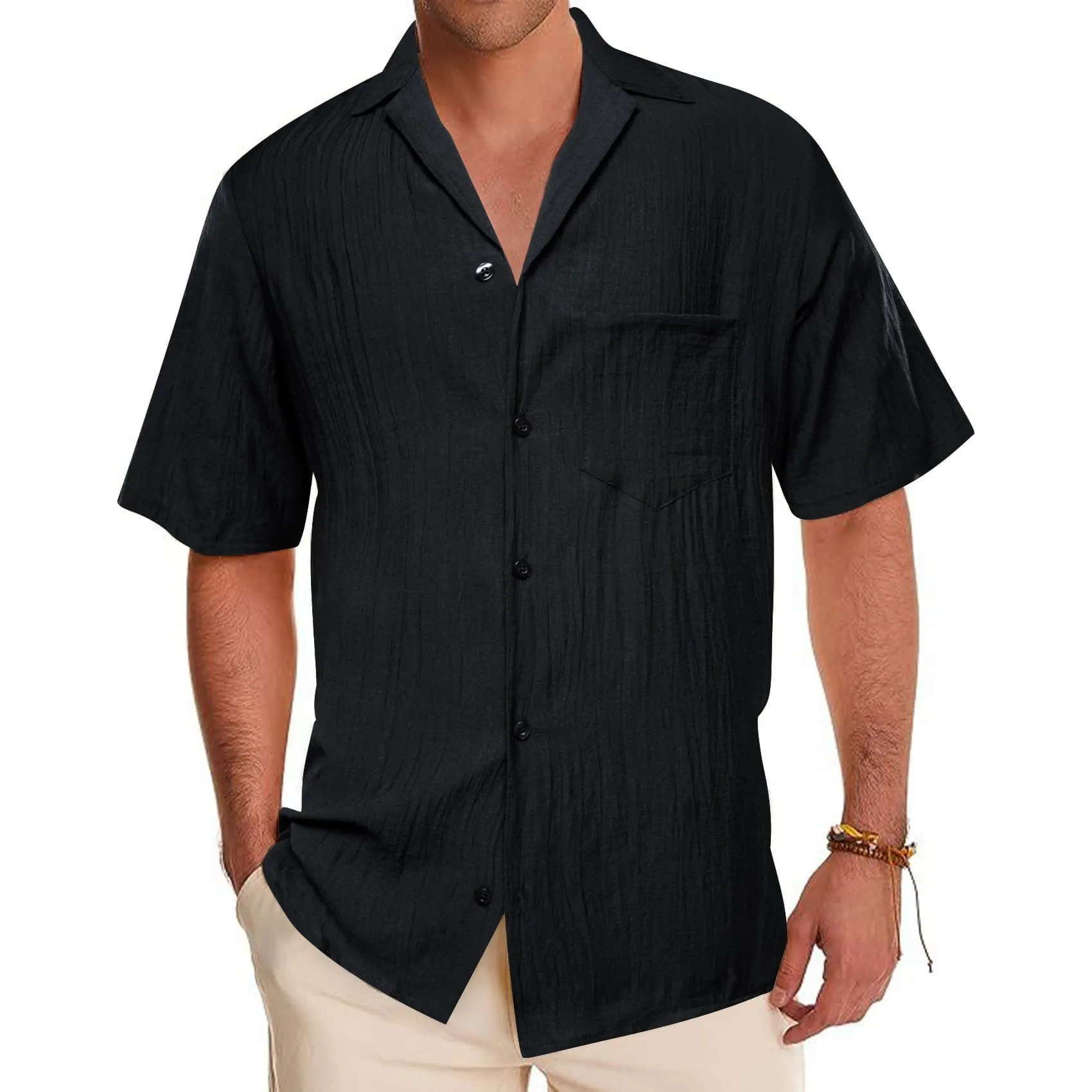Barry Wang Black Shirt Solid Button Up Short Sleeves Shirt for Men