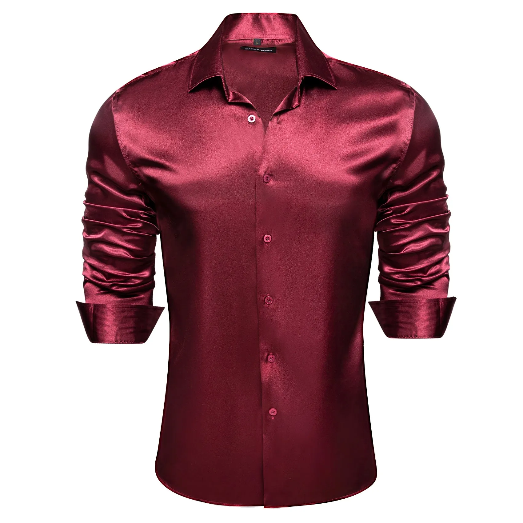Barry.wang Long Sleeve Shirt Maroon Red Solid Silk Men's Shirt