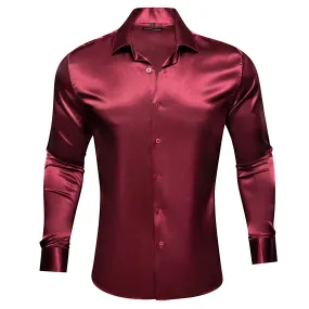 Barry.wang Long Sleeve Shirt Maroon Red Solid Silk Men's Shirt