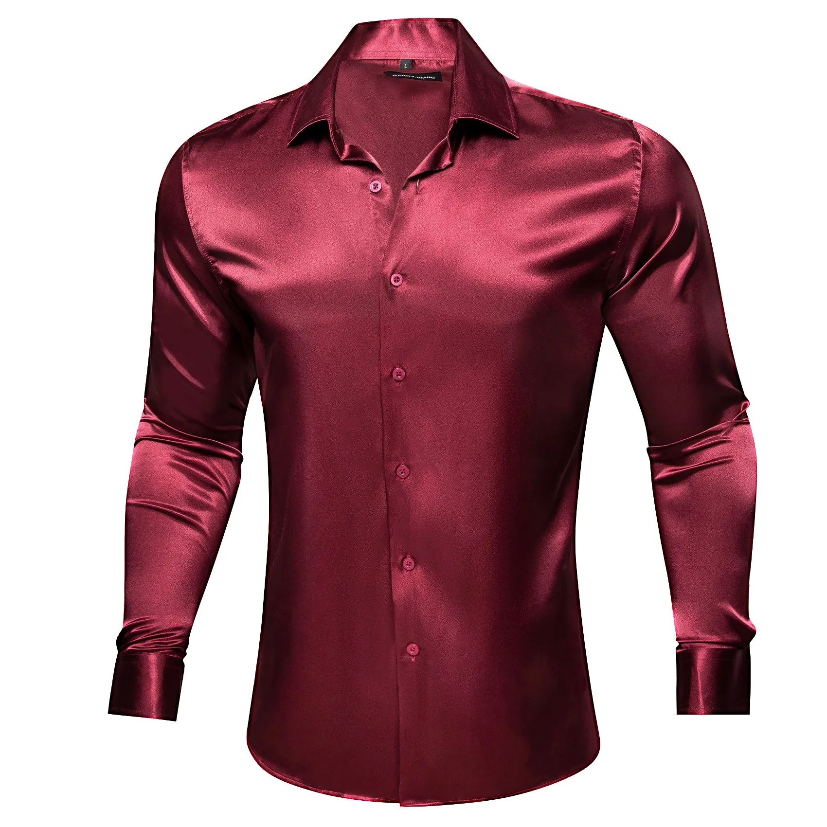 Barry.wang Long Sleeve Shirt Maroon Red Solid Silk Men's Shirt