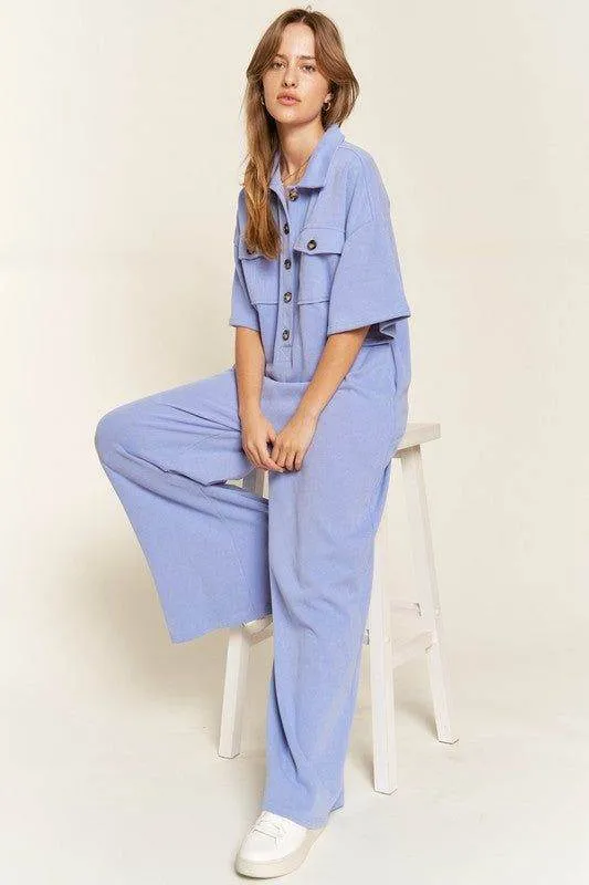 Basic Collar Shirt Wide leg Jumpsuit