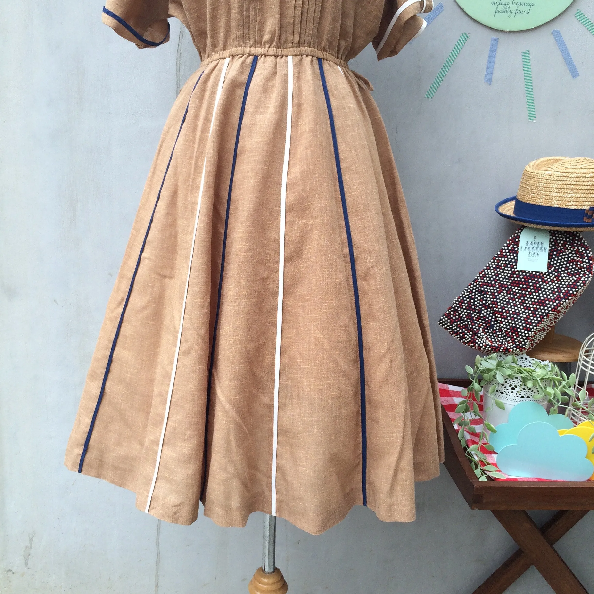 Betty Baileys | Vintage 1950s 1960s Brown Beige day dress with Blue buttons and stripe details