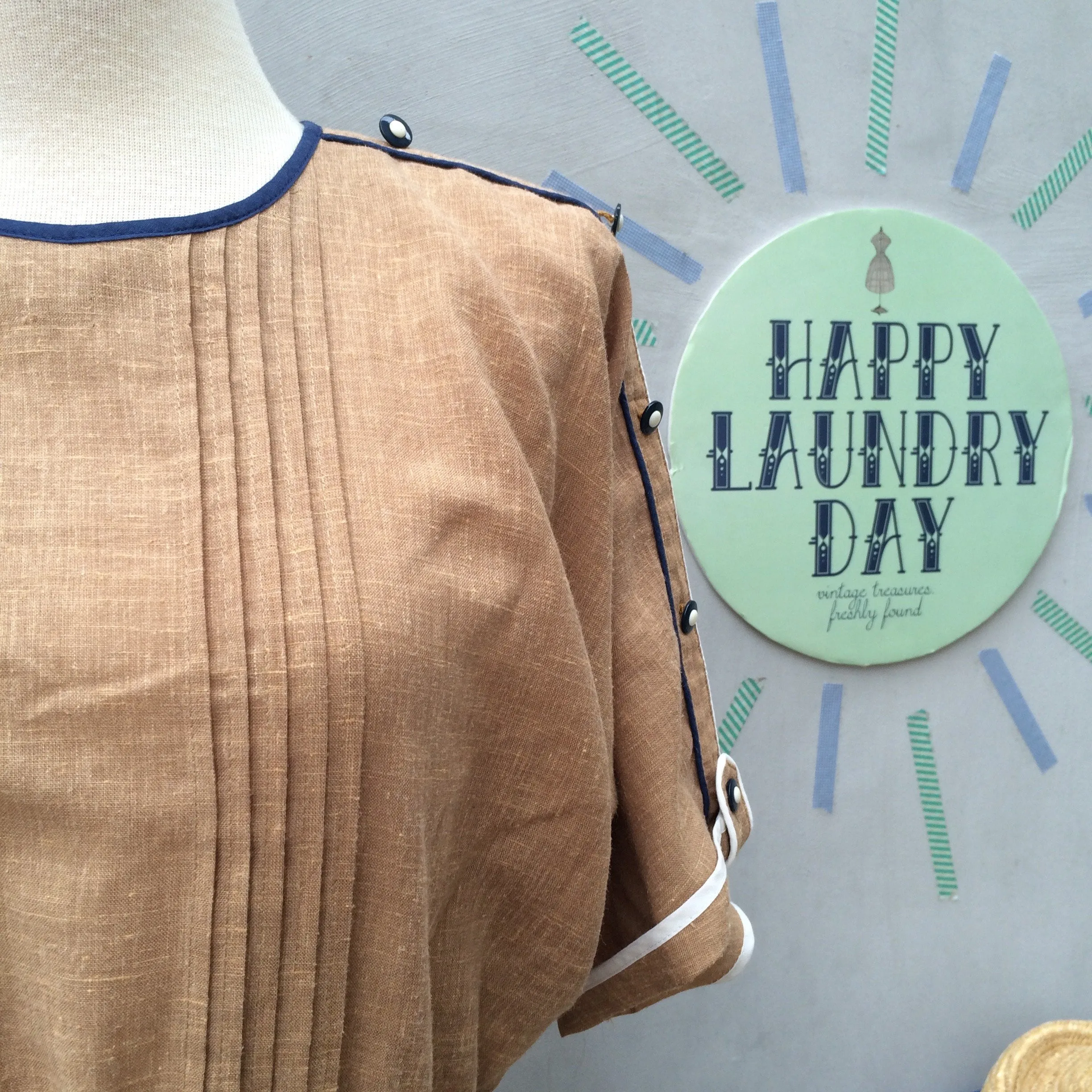 Betty Baileys | Vintage 1950s 1960s Brown Beige day dress with Blue buttons and stripe details
