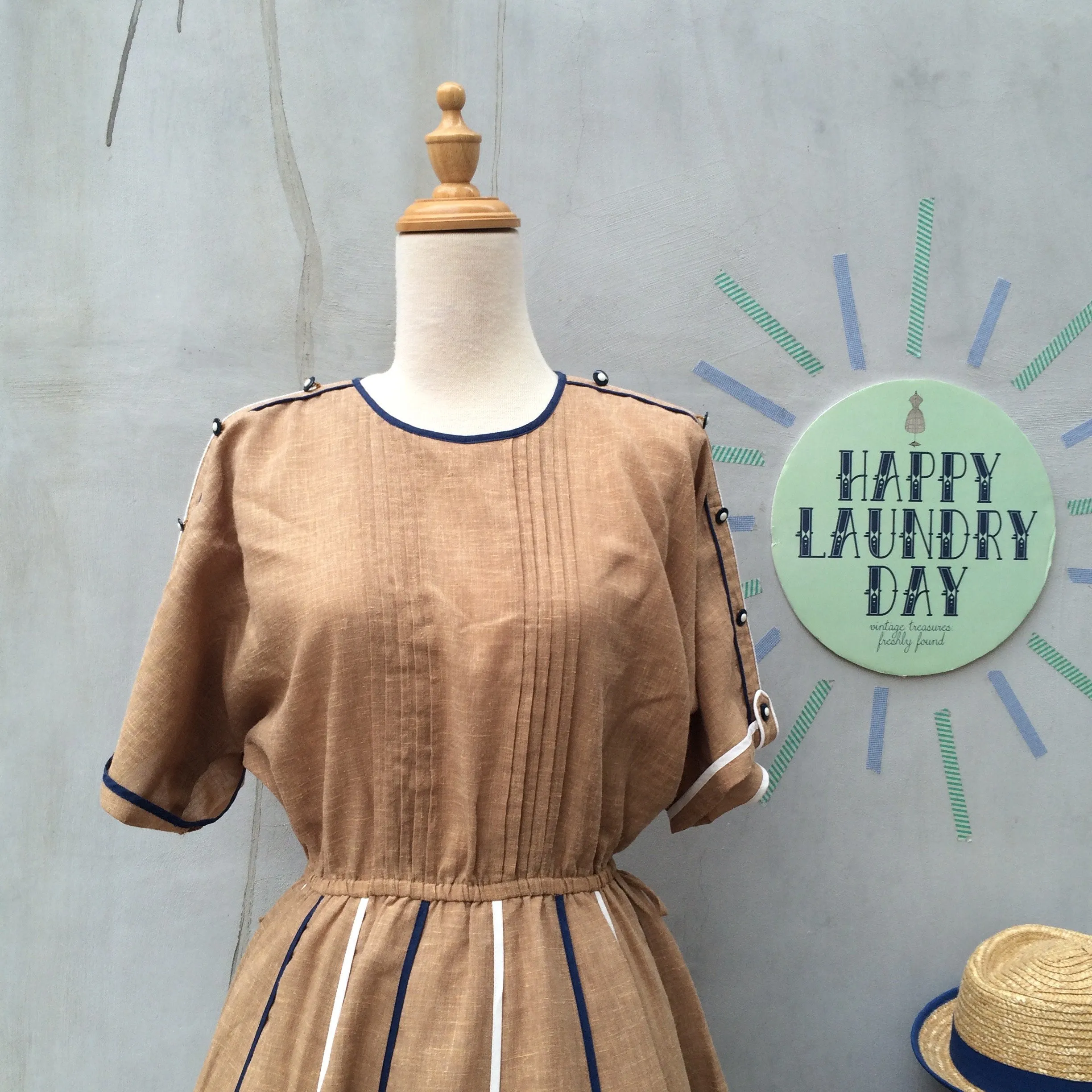 Betty Baileys | Vintage 1950s 1960s Brown Beige day dress with Blue buttons and stripe details