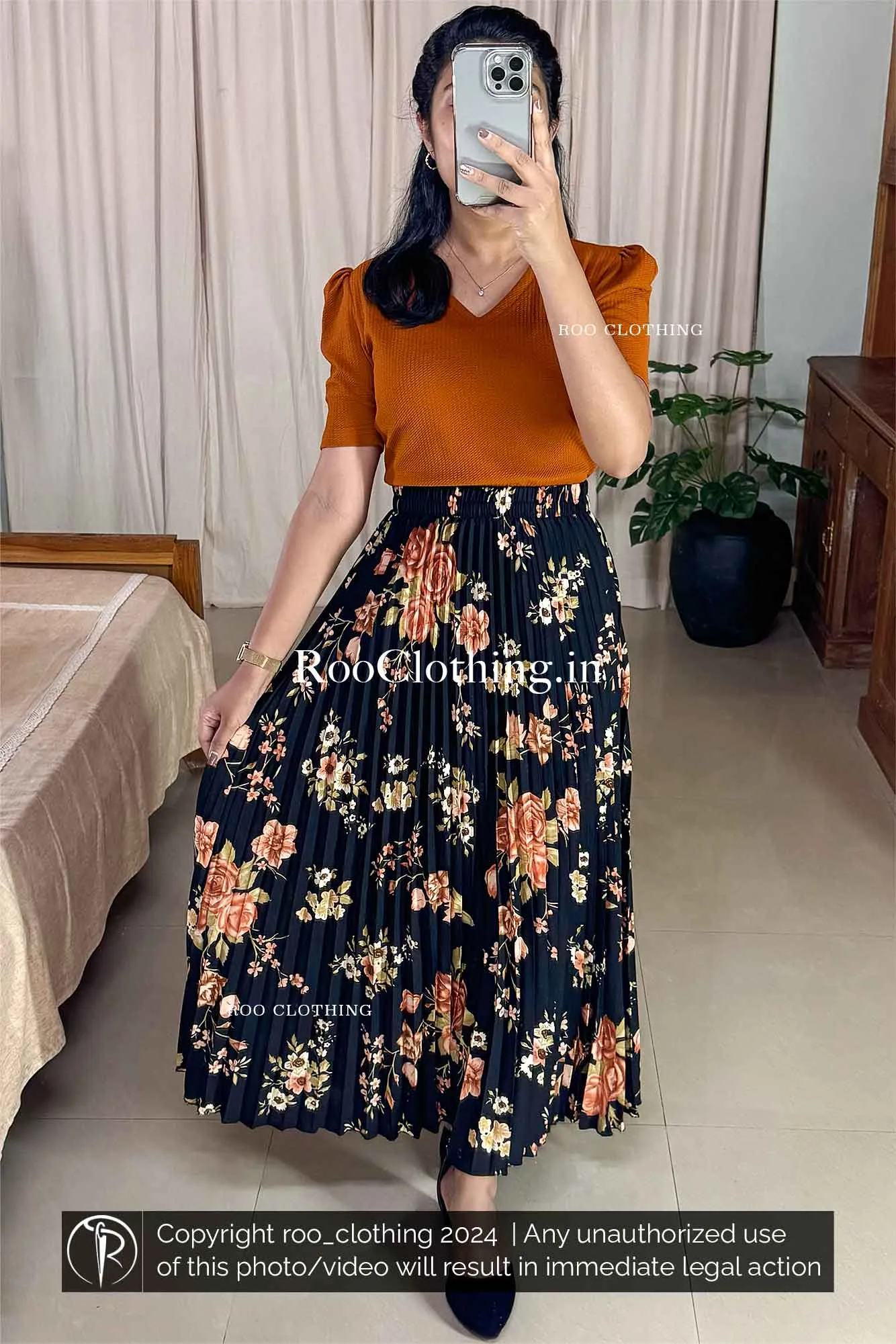 Black Full-Length Accordion Pleated Skirt with Vibrant Floral Print (Skirt Only)