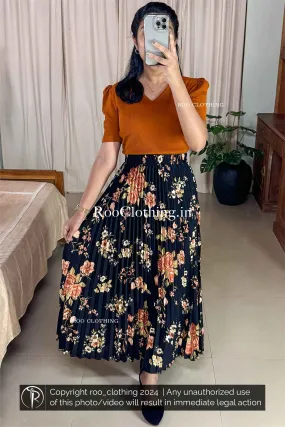 Black Full-Length Accordion Pleated Skirt with Vibrant Floral Print (Skirt Only)