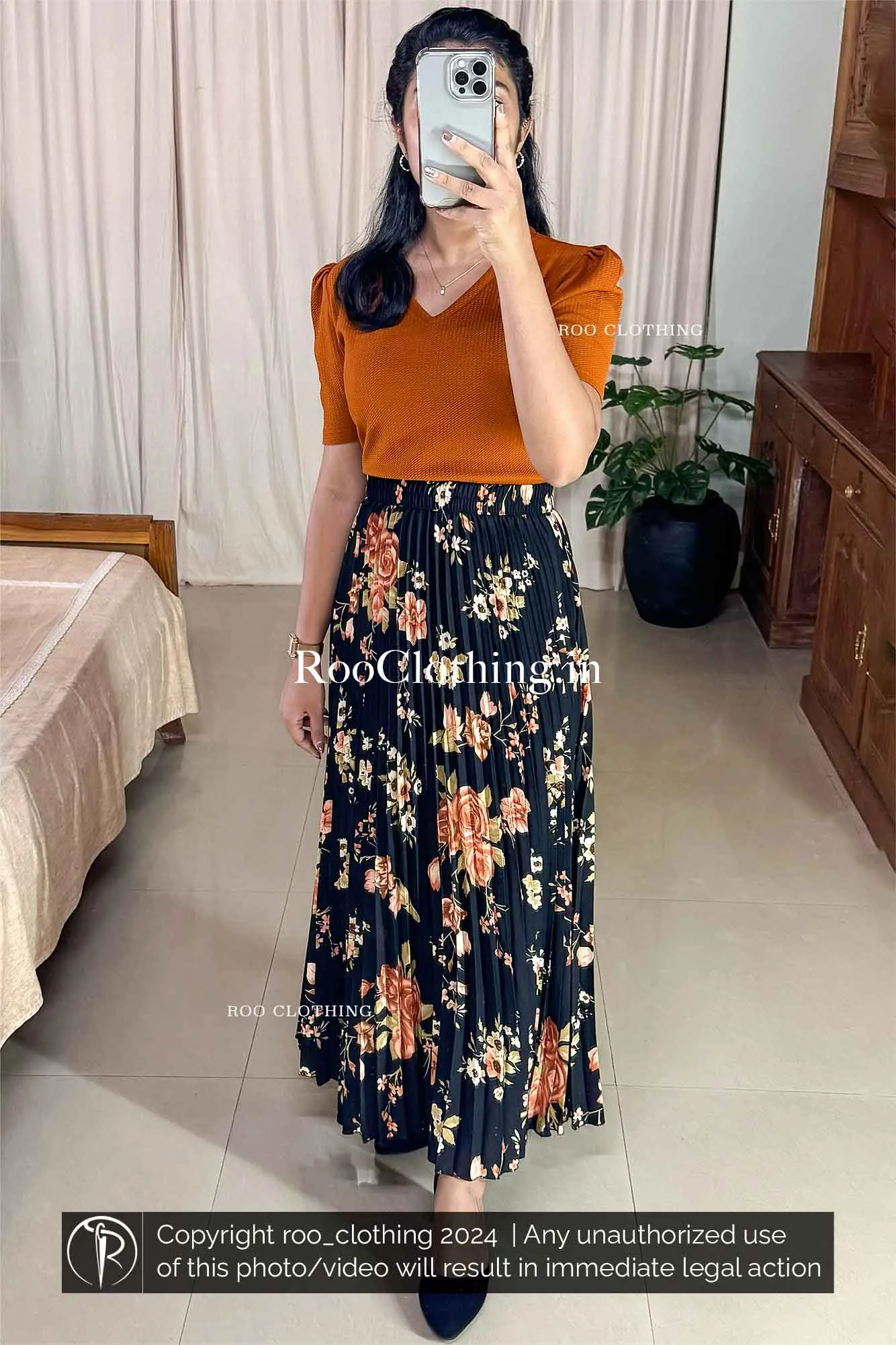 Black Full-Length Accordion Pleated Skirt with Vibrant Floral Print (Skirt Only)