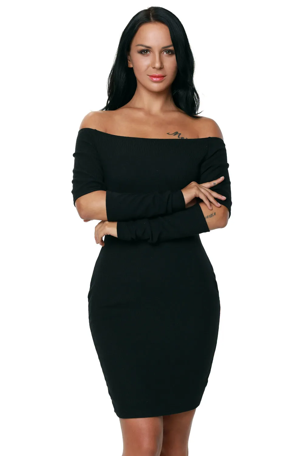 Black Ribbed Knit Off Shoulder Cut Out Long Sleeves Dress