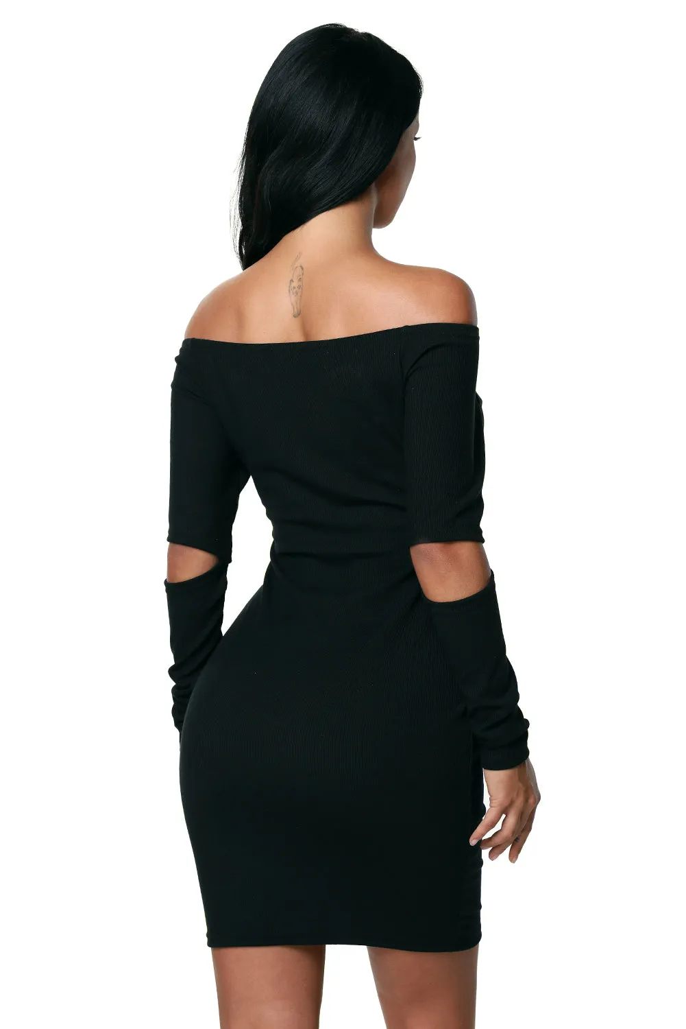 Black Ribbed Knit Off Shoulder Cut Out Long Sleeves Dress