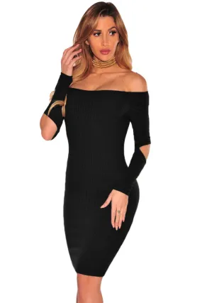 Black Ribbed Knit Off Shoulder Cut Out Long Sleeves Dress