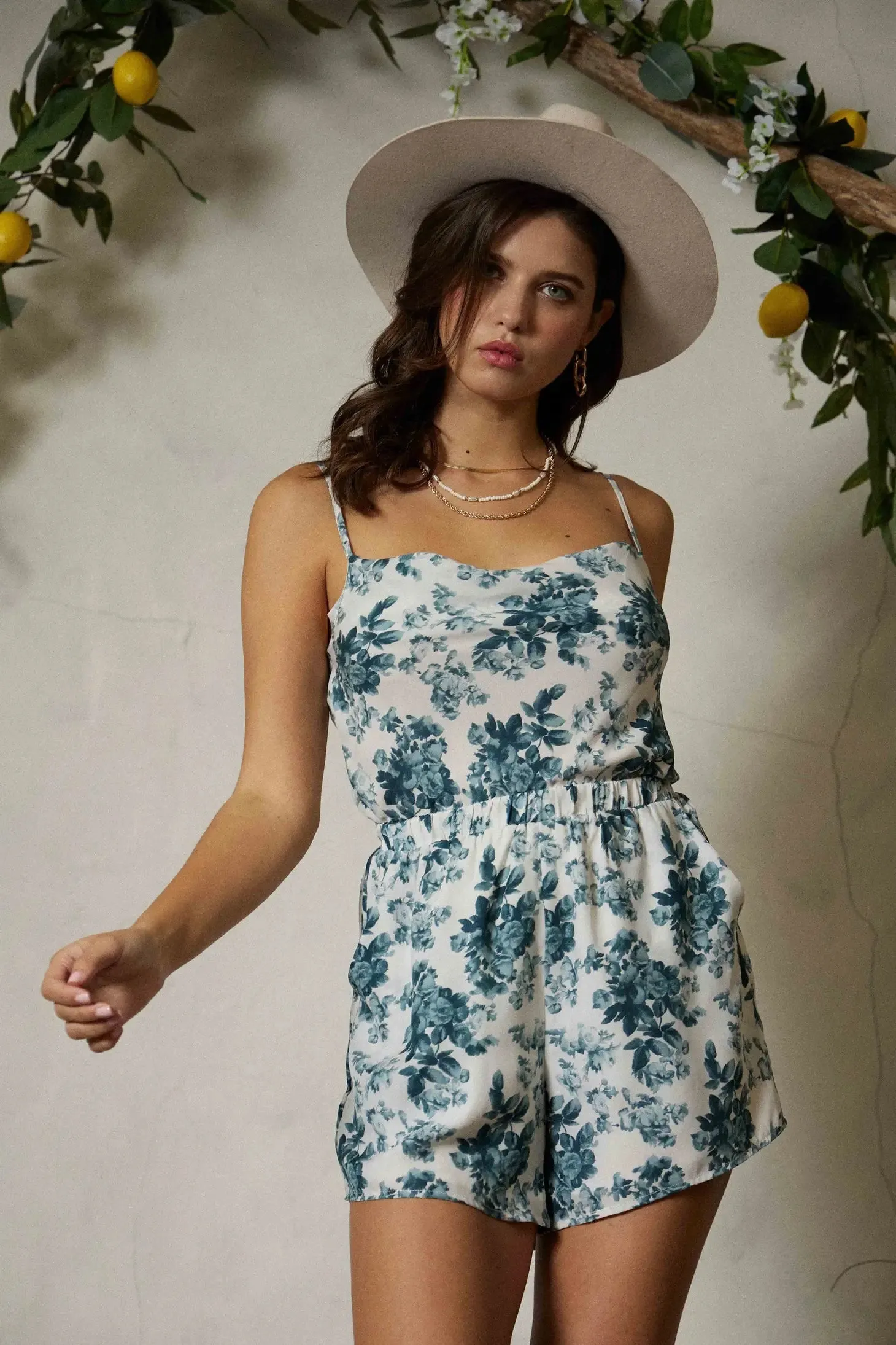 Blue Floral Print Spaghetti Strap Romper