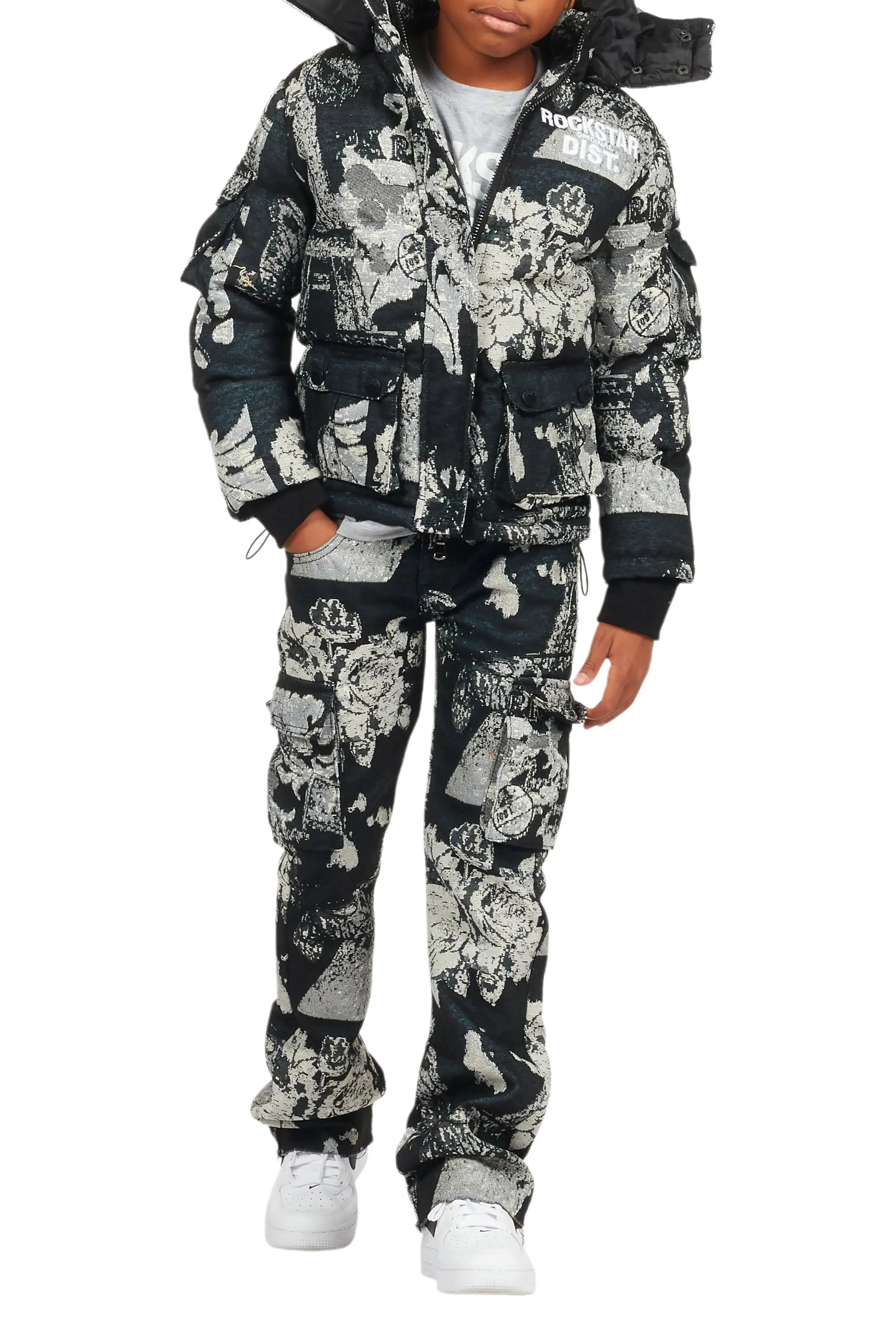 Boys Lamont Black Tapestry Stacked Flare Jean