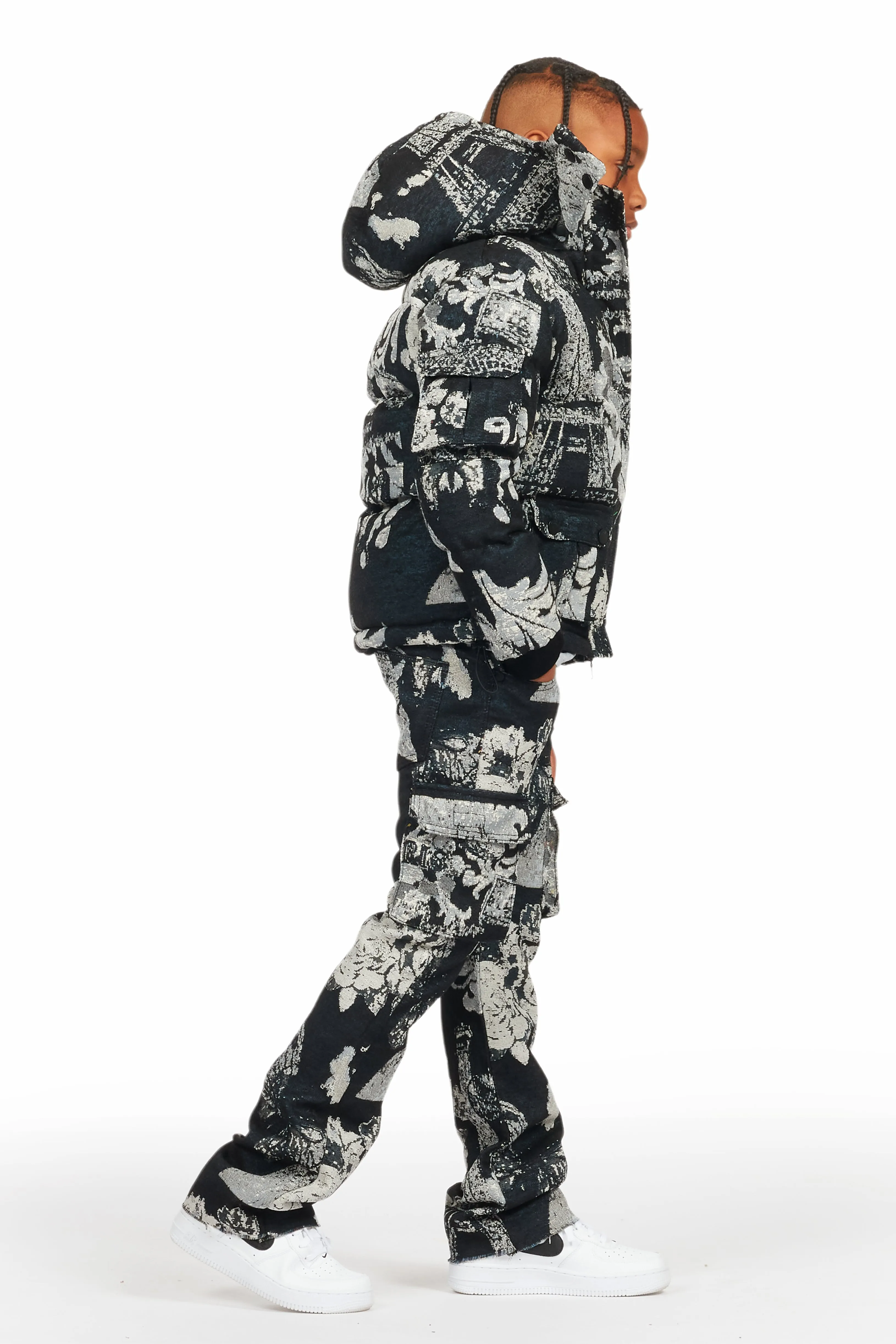 Boys Lamont Black Tapestry Stacked Flare Jean