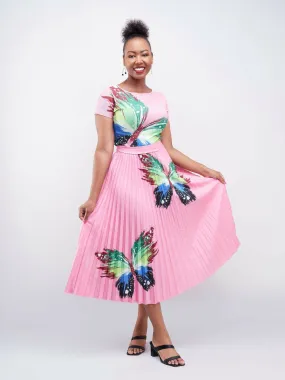 Butterfly Two Piece With Pleated Skirt- Pink