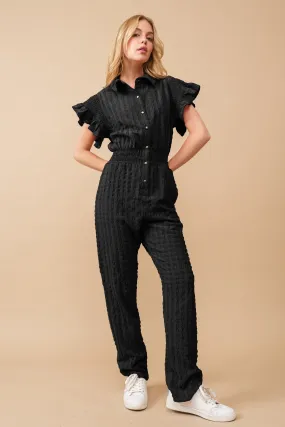 Ces Femme Black Textured Fabric Button Down Jumpsuit