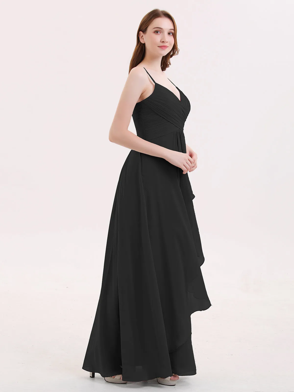 Chiffon Bridesmaid Dresses with Cascade Skirt-Black