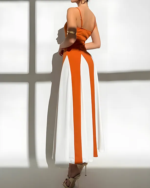 Contrast Color Stitching Slim Slip Long Dress