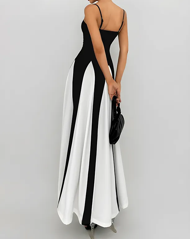 Contrast Color Stitching Slim Slip Long Dress