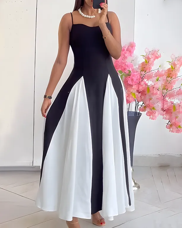 Contrast Color Stitching Slim Slip Long Dress