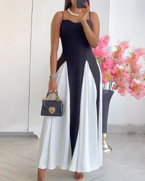 Contrast Color Stitching Slim Slip Long Dress