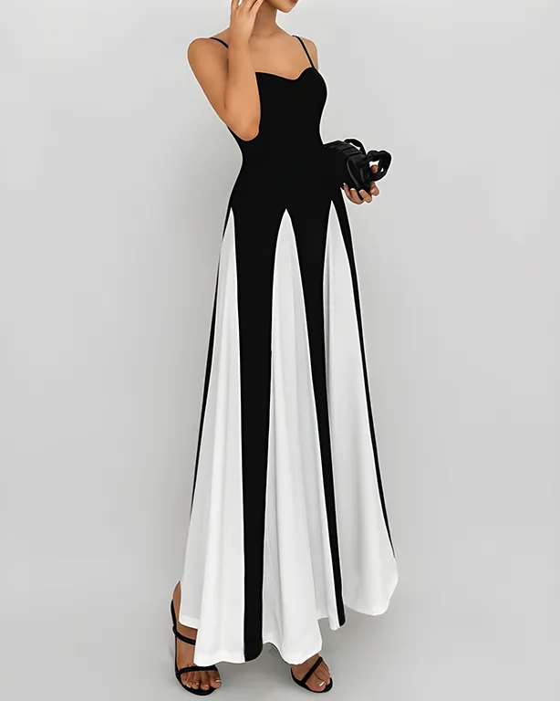 Contrast Color Stitching Slim Slip Long Dress