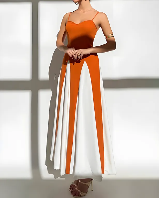 Contrast Color Stitching Slim Slip Long Dress