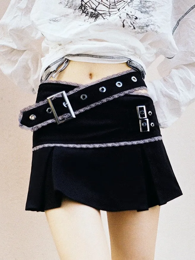 Cut-out Lace-paneled Pleated Skirt