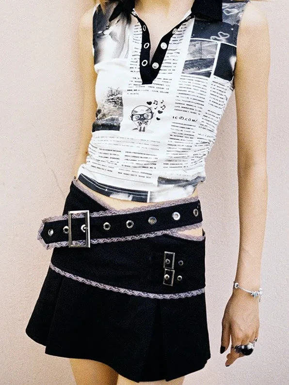 Cut-out Lace-paneled Pleated Skirt