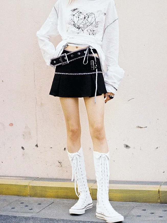 Cut-out Lace-paneled Pleated Skirt