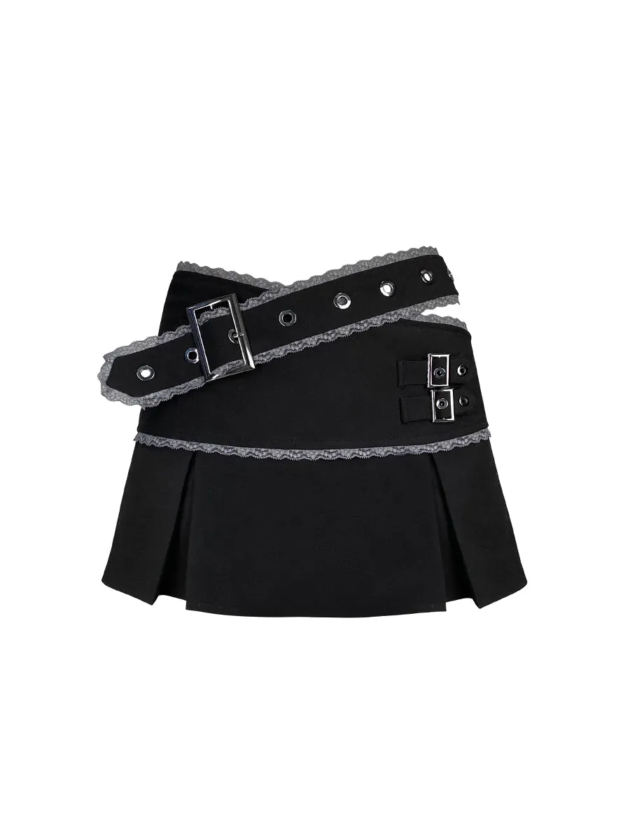 Cut-out Lace-paneled Pleated Skirt