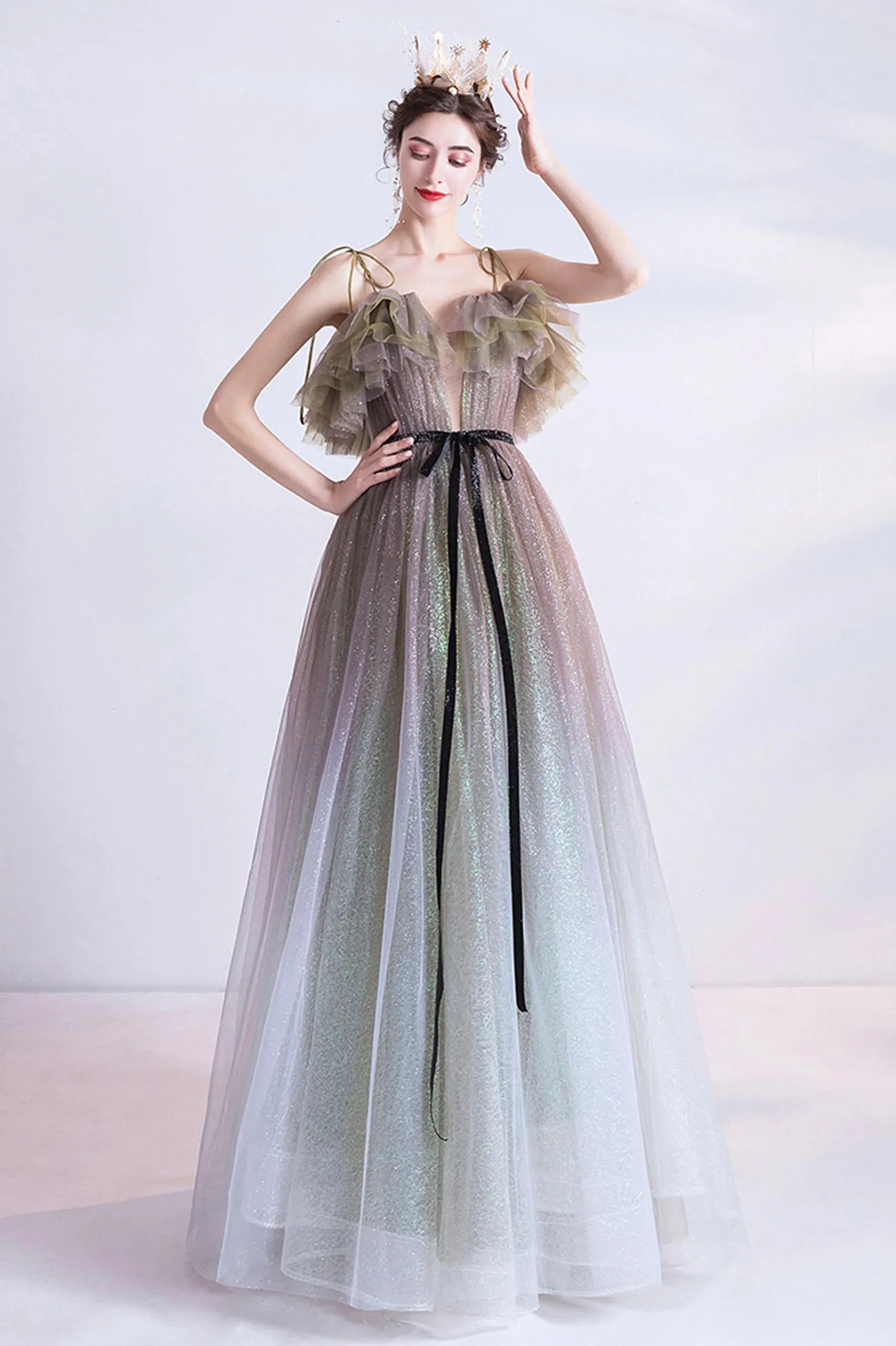 Cute Gradient Tulle Long Prom Dress, A-Line Spaghetti Straps Formal Evening Dress