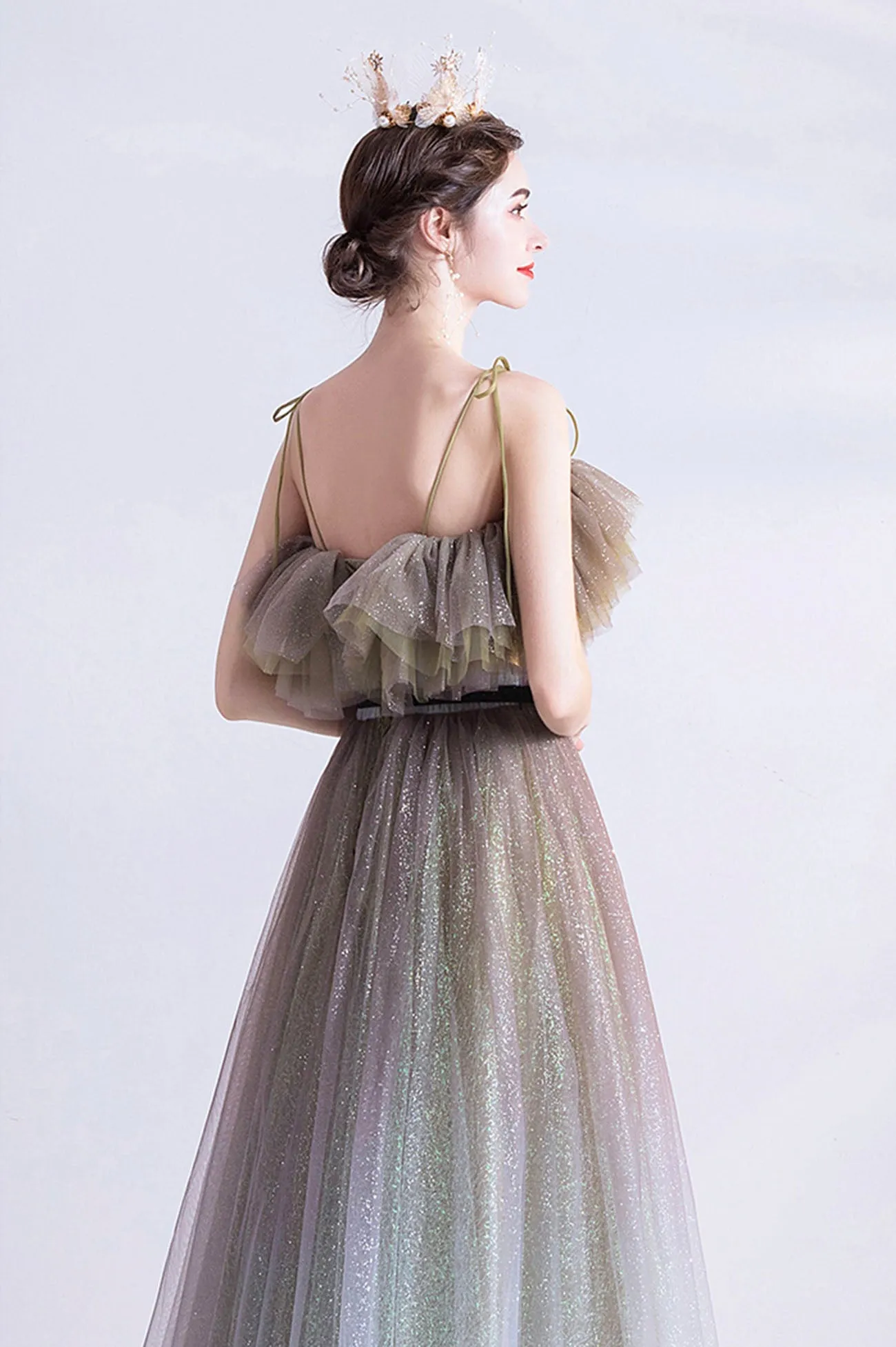 Cute Gradient Tulle Long Prom Dress, A-Line Spaghetti Straps Formal Evening Dress