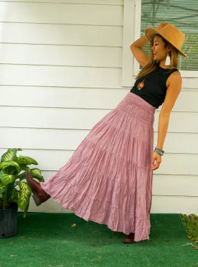 Dusky Rose Raw Crinkled Organic Cotton Gauze Tiered Maxi Skirt