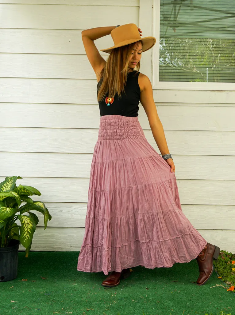 Dusky Rose Raw Crinkled Organic Cotton Gauze Tiered Maxi Skirt