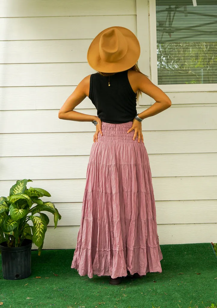 Dusky Rose Raw Crinkled Organic Cotton Gauze Tiered Maxi Skirt