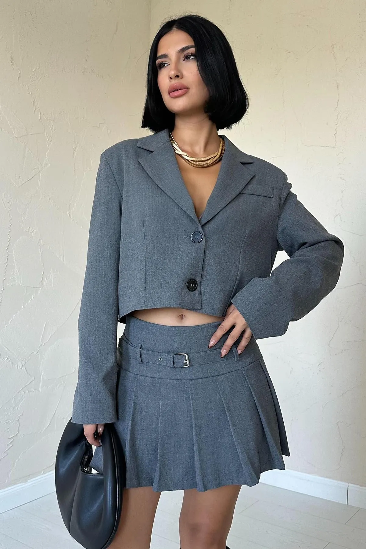ELS Bomber Jacket and Pleated Skirt Set - Gray - Ocotlán