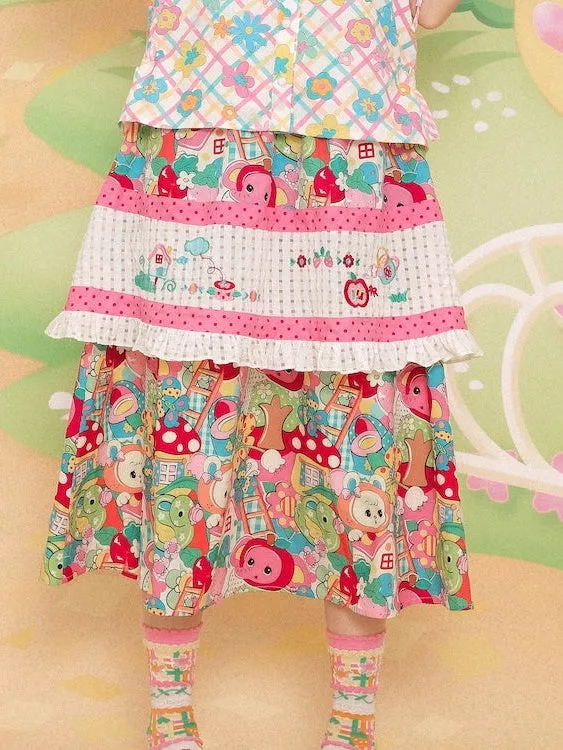 Embroidery Stitching Print Multi-layer Skirt