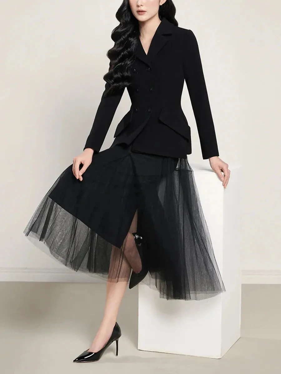 Fashion Two Piece Sets For Women Lapel Long Sleeve Tops High Waist Spliced Mesh Long Skirt Slimming Set Female New