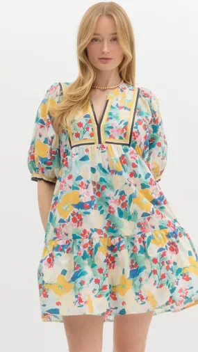Floral Print Puff Sleeve Mini Dress by Entro