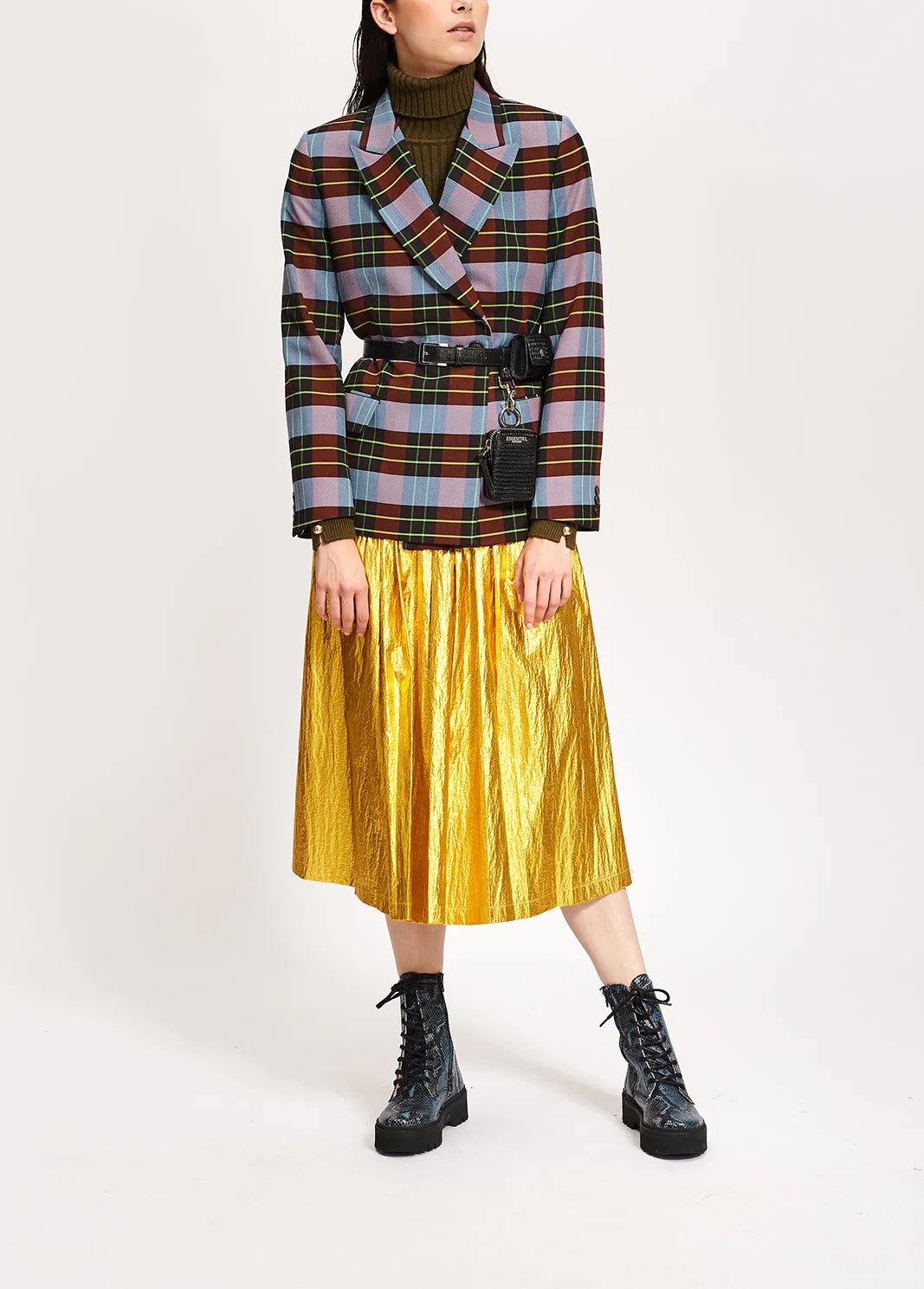 Gold metallic foil pleated midi skirt