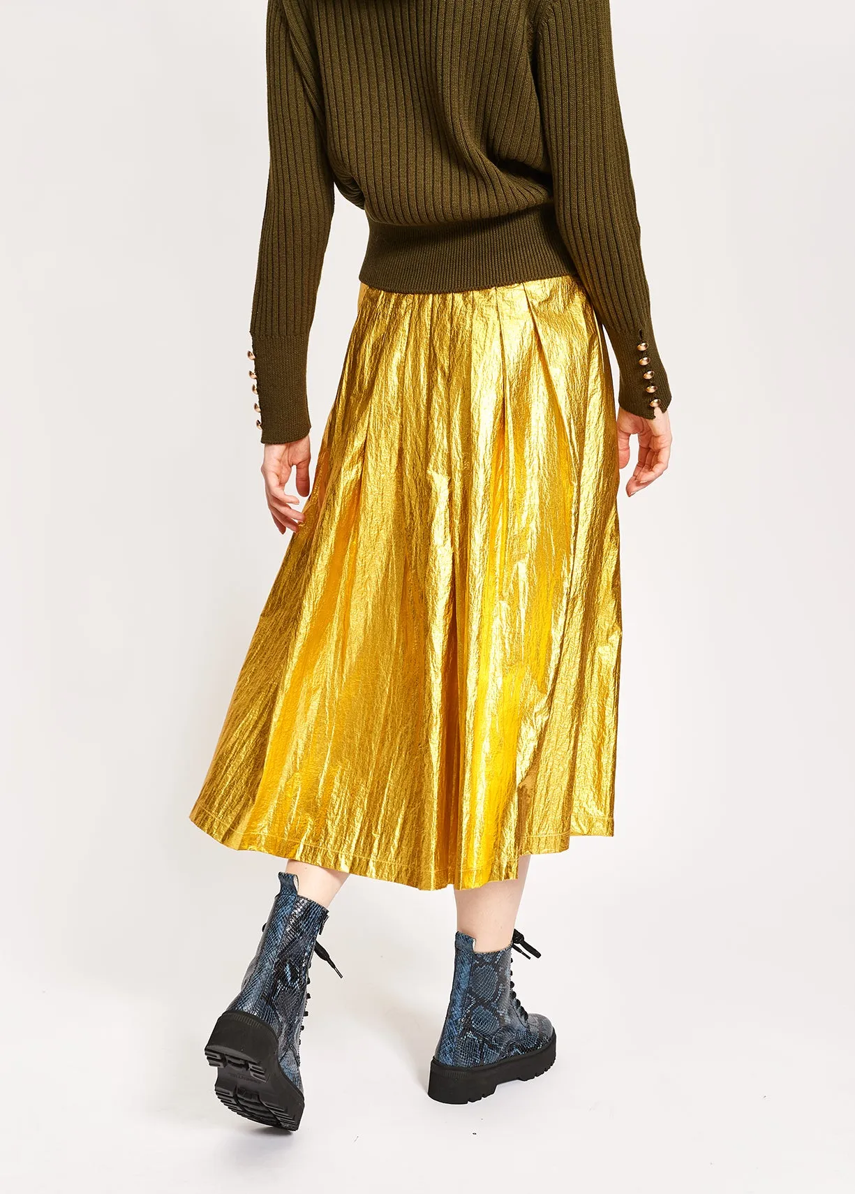 Gold metallic foil pleated midi skirt